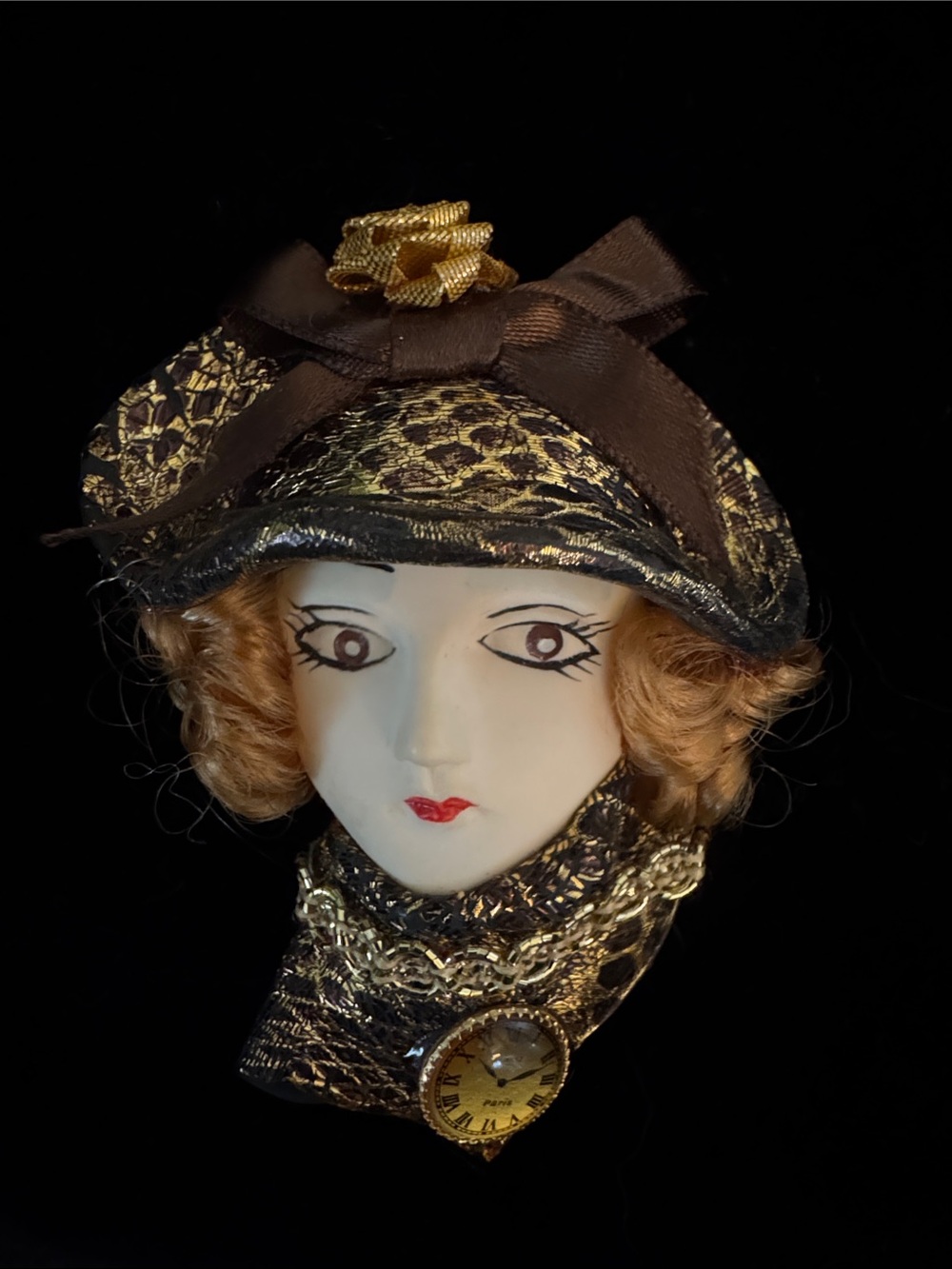 Black & Gold Decorative Woman Face Brooch with Bow Accent